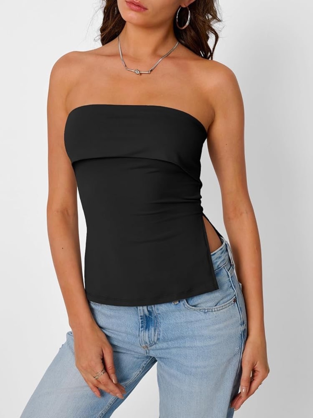 New Off-Shoulder Black Foldover Tube Top, Medium